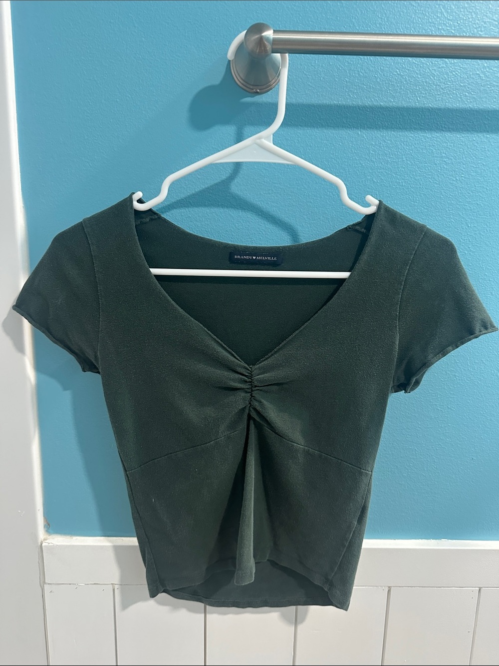Brandy Melville Dark Olive Ruched V-Neck Short Sleeve Gina Top
